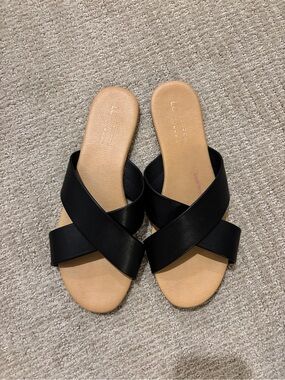 LC Lauren Conrad Black Crossband Slide Sandals with Tan Footbed